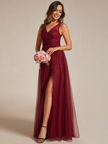 Elegant Deep V-Neck Split Back Bridesmaid Dress For Wedding - Burgundy - View 4
