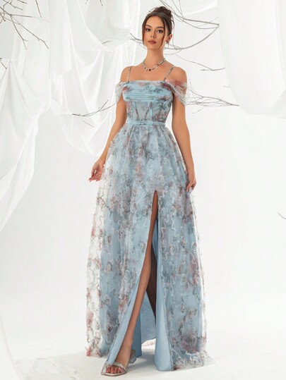 Sheer Shouldered Floral Print High Slit Camisole Blue Evening Formal Dress Elegant Prom Wedding Guest Gown, For Graduation, Dinner