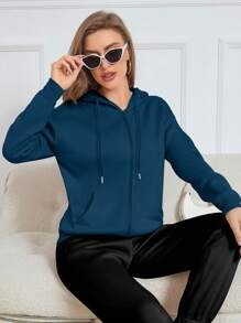INAWLY Hooded Kangaroo Pocket Sweatshirt With Drop Shoulder And Zipper,Long Sleeve Tops - Navy Blue - View 5
