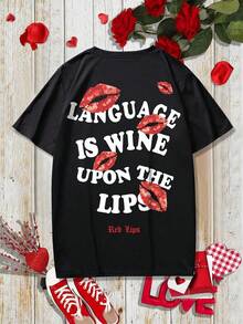 Manfinity EMRG 男款紅唇印花圓領短袖 T 卹 - 黑色 - 查看 3