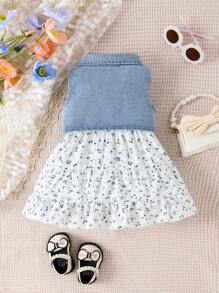 SHEIN Vintaside Kids 嬰兒女孩背心配花卉裙套裝,單排扣閉合 - 薄荷藍 - 查看 3