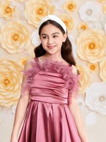 SHEIN Tween Girls' Elegant Satin Feather Decor Sleeveless Dress - Pink - View 6
