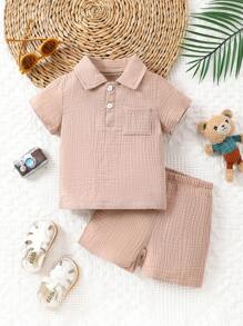 Boys' Artistic Style Polo T-Shirt And Shorts Set For Infants, Casual And Fashionable - Ginger - View 1