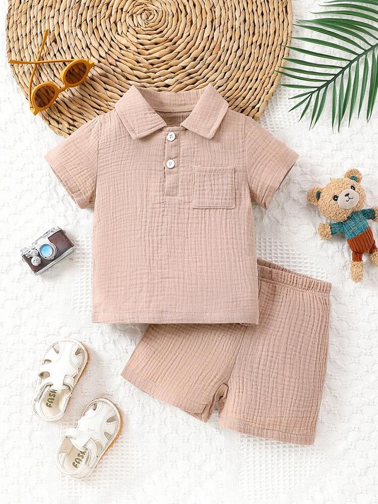 Boys' Artistic Style Polo T-Shirt And Shorts Set For Infants, Casual And Fashionable