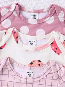 3pcs/Set Baby Girl Comfortable Jumpsuits, With Cartoon Rabbit & Sheep & Leopard & Polka Dot & Checkered Print, For Home Wear - Multicolor - View 5