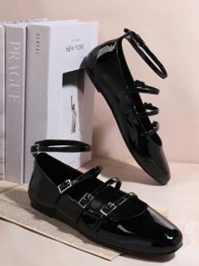 SHUZIA Glamorous Black Patent Pu Leather Ladies' Strap Buckle Round Toe Flat Shoe Heel Summer Shoes Spring Shoes Spring Break Easter Mother's Day Present