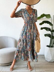 Chiquease Women's Short Sleeve Dress With Paisley Patterned Waist Shirred - Multicolor - View 6