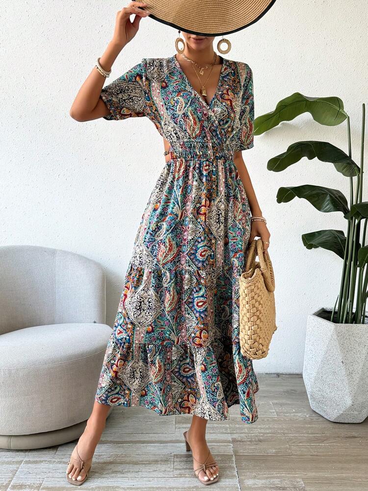 Women's Short Sleeve Dress With Paisley Patterned Waist Shirred