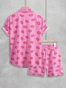 Manfinity Homme Men'S Lips Printed Short Sleeve Shirt And Shorts Set - Pink - View 2