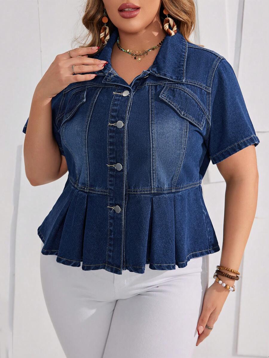 SHEIN LUNE Kích thước lớn Ngắn tay Áo khoác denim Với Ruffled Hem , Đá rửa - Rửa tối - Xem 1