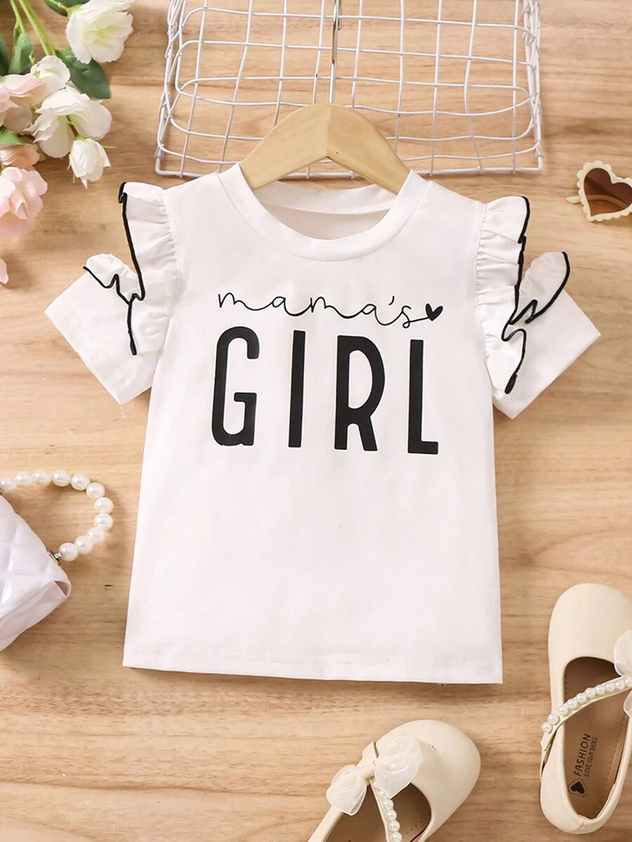 SHEIN 少女字母印花短袖t恤,褶邊設計 - 白色 - 查看 1