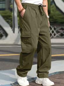 Pantalones cargo casuales de unicolor y holgados con cordón para hombres - Verde militar - Ver 1