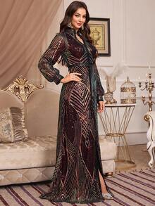 Women's Long Sleeve Modest Dress With Small Notched Neck, Sequin Decoration And Arabian Robe Style (Non-Positioning Cut Flowers) - Black - View 6