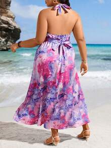 SHEIN Holidaya Plus Size Full Print V-Neck High Slit Dress - Multicolor - View 2