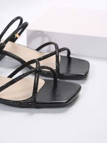 Square Toe Thick Heel Rhinestone Sandals For Women, Beige Fairy-Style High Heels Suitable For Dates, Banquets, Commuting, Parties, Summer & Autumn - Black - View 7