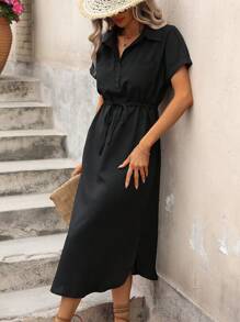 Breezaya Women's Solid Color Drawstring Waist Dress Maxi Vacation Beach Outfit - Black - View 5