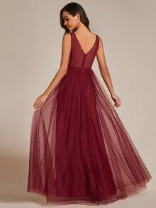 Elegant Deep V-Neck Split Back Bridesmaid Dress For Wedding - Burgundy - View 3