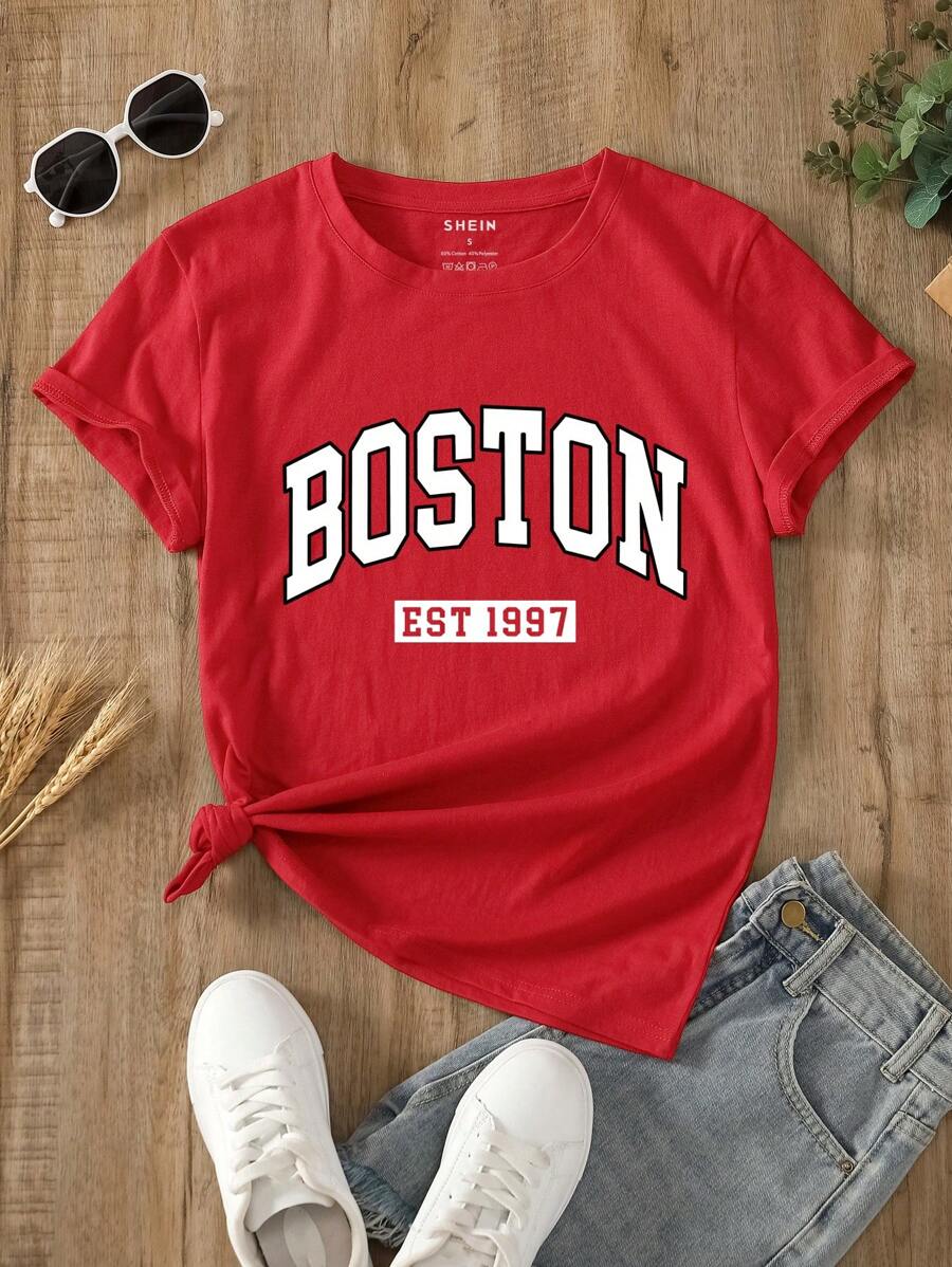 INAWLY Women's Letter Printed Short Sleeve T-Shirt Graphic Tees Women Tops - Red - View 1