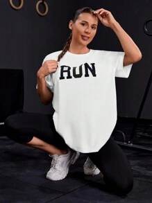 Powerista Letter Print Drop Shoulder Sports T-Shirt Gym Women Shirts