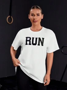 Powerista Letter Print Drop Shoulder Sports T-Shirt Gym Women Shirts