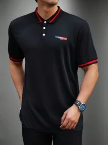 Manfinity Homme Camisa De Polo De Mangas Cortas Decorada Con Rayas Para Hombres - Negro - Ver 6