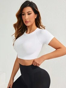 Easithlete Round Neck Short Sleeve Sports T-Shirt Basic T Shirt Gym Top Fitted Shirt - White - View 3