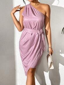 SHEIN Clasi Ladies' Spotted Jacquard One Shoulder Dress - Pink - View 6
