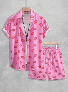 Manfinity Homme Men'S Lips Printed Short Sleeve Shirt And Shorts Set - Pink - View 1