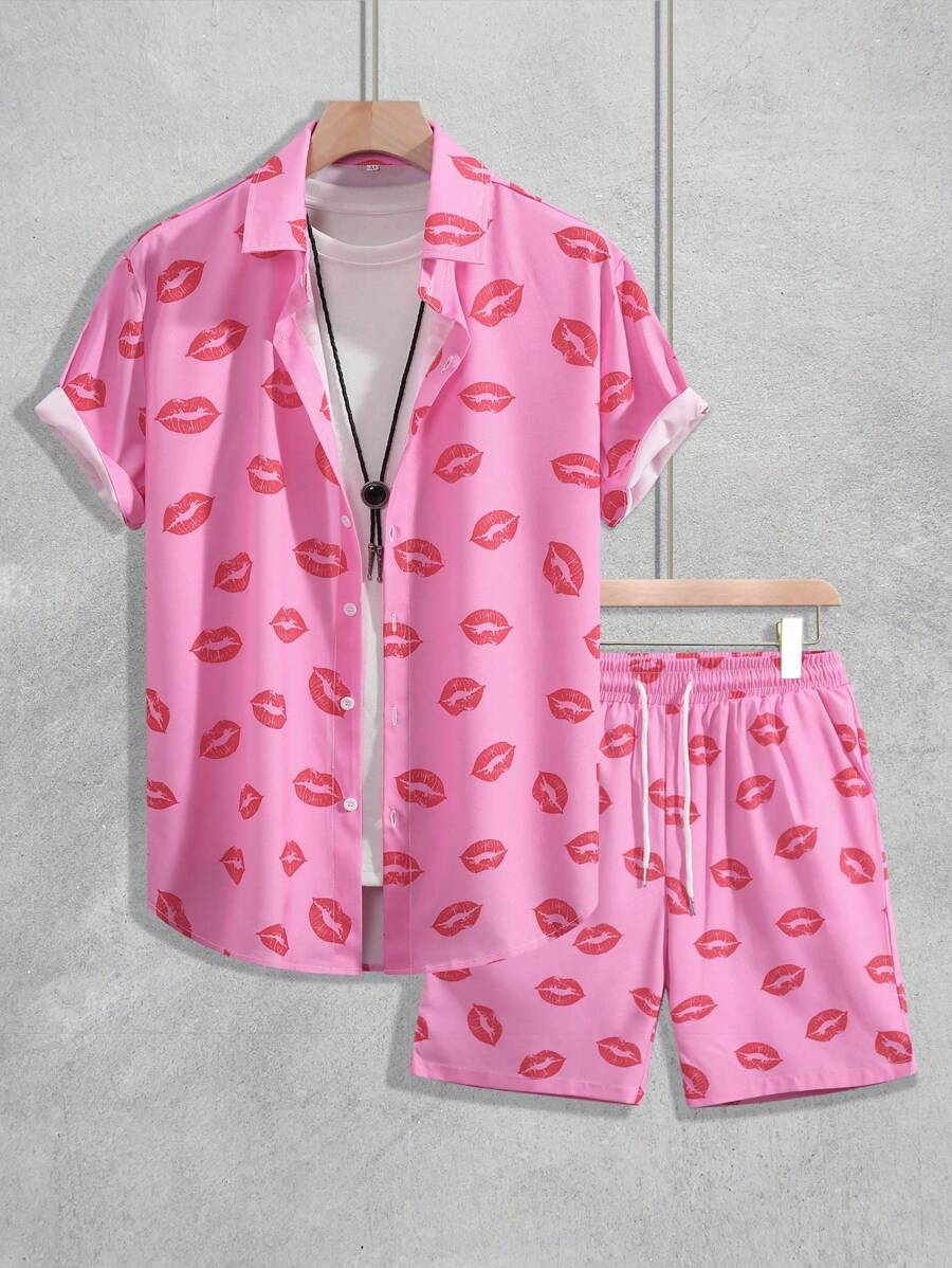 Manfinity Homme Men'S Lips Printed Short Sleeve Shirt And Shorts Set - Pink - View 1