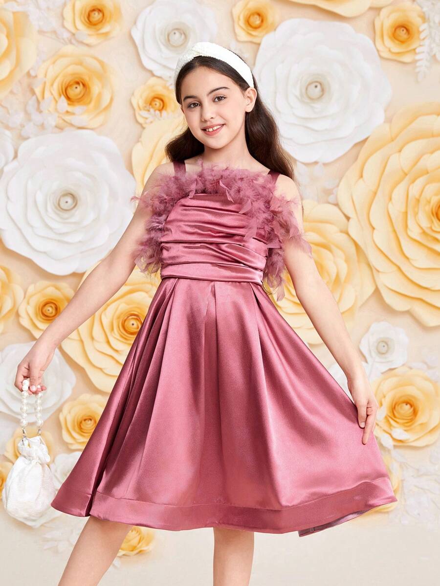 SHEIN Tween Girls' Elegant Satin Feather Decor Sleeveless Dress - Pink - View 1
