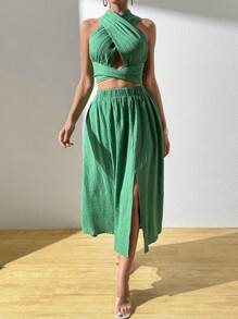 Chiquease Women's Solid Color Hollow Out Top & Side Split Skirt Set - Green - View 6