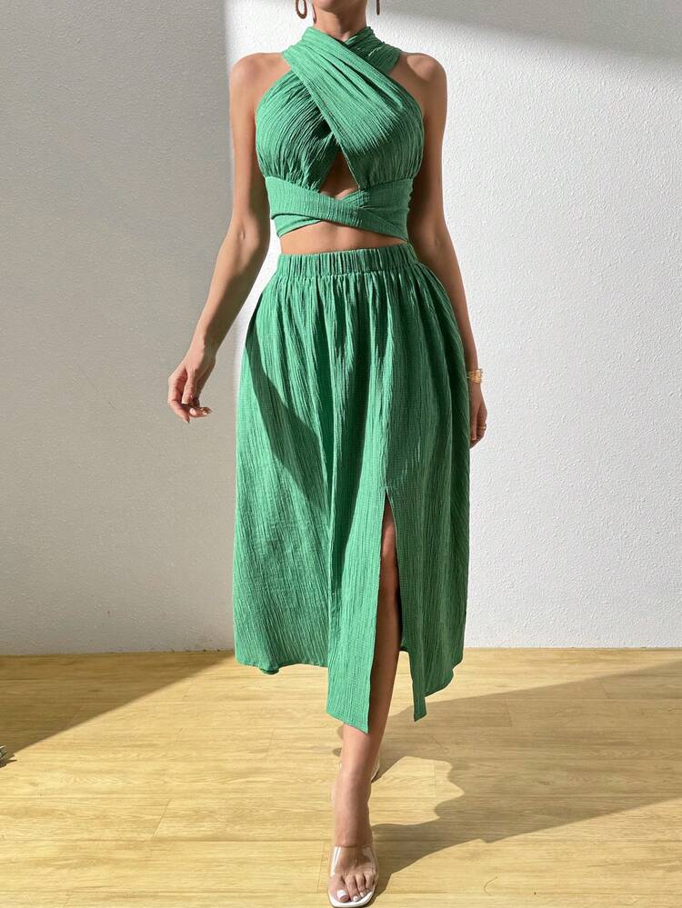 Women's Solid Color Hollow Out Top & Side Split Skirt Set