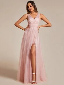 Elegant Deep V-Neck Split Back Bridesmaid Dress For Wedding