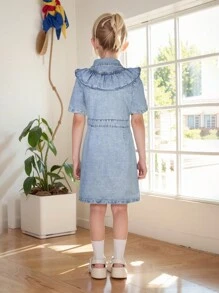 女童淺色休閒牛仔裙,帶荷葉邊和蕾絲修飾