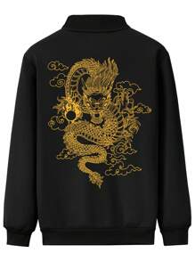 Men Chinese Dragon Graphic Zip Up Bomber Jacket - Black - View 2