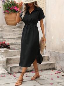 Breezaya Women's Solid Color Drawstring Waist Dress Maxi Vacation Beach Outfit - Black - View 1