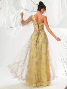 Abito da sera lungo con spacco alto e maniche lunghe, in maglia con stampa Tintura a nodi, elegante vestito lungo formale per laurea, cena, matrimonio, per ospiti - Giallo - Visualizzare 2