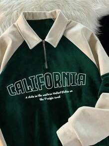 INAWLY Contrast Letter Pattern Raglan Sleeves Half-Zip Sweatshirt,Long Sleeve Tops - Dark Green - View 4