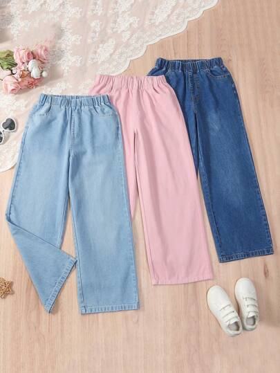 SHEIN Vintaside Kids 3pcs/Pack Multiple Packs Of Loose-Fit Elastic Waist Wide-Leg Jeans In Three Colors For Tween Girls' Casual Comfortable, School, Campus, College Summer Holiday