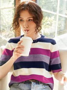 法式针织通勤女式条纹圆领宽松短袖毛衣衬衫，春夏秋季休闲套头衫返校秋季女装 - 紫色 - 查看 7