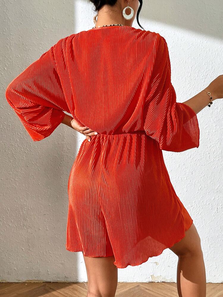 Solid Color Pleated Batwing Sleeve Romper