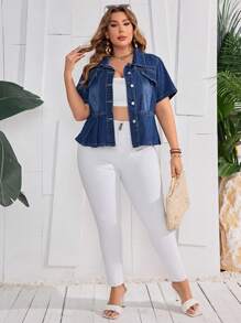 SHEIN LUNE Kích thước lớn Ngắn tay Áo khoác denim Với Ruffled Hem , Đá rửa - Rửa tối - Xem 5