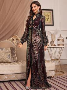 Women's Long Sleeve Modest Dress With Small Notched Neck, Sequin Decoration And Arabian Robe Style (Non-Positioning Cut Flowers) - Black - View 8