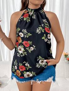 SHEIN LUNE Women's Floral Printed Halter Neck Elegant Blouse - White - View 4