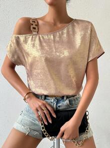 SHEIN Privé 女士不對稱領口金屬蝙蝠短袖襯衫 - 金色 - 查看 4