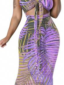 Quý cô Nhiệt đới In thực vật Dây chéo Cà vạt Xu hướng: Cắt giảm Đầm - Màu tím - Xem 3