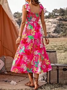 Breezaya Women's Plant Print Shirred Dress With Flounce Hemline - Multicolor - View 2