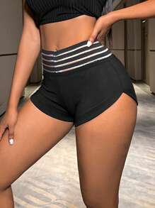 SHEIN SXY Women's Mesh Ribbon Waist Short Leggings - Black - View 1