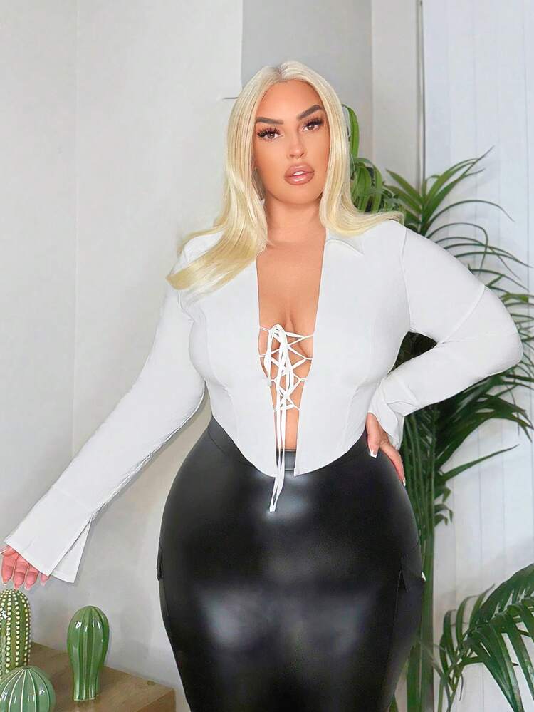 Plus Size Women's Slim Fit Sexy Crisscross Tie Bell Sleeve With Pointed Hem Blouse Lace-Up Solid Color Stretch Woven Fabric Spring Summer Women Clothes Suitable For Most Occasions