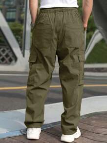 Pantalones cargo casuales de unicolor y holgados con cordón para hombres - Verde militar - Ver 2